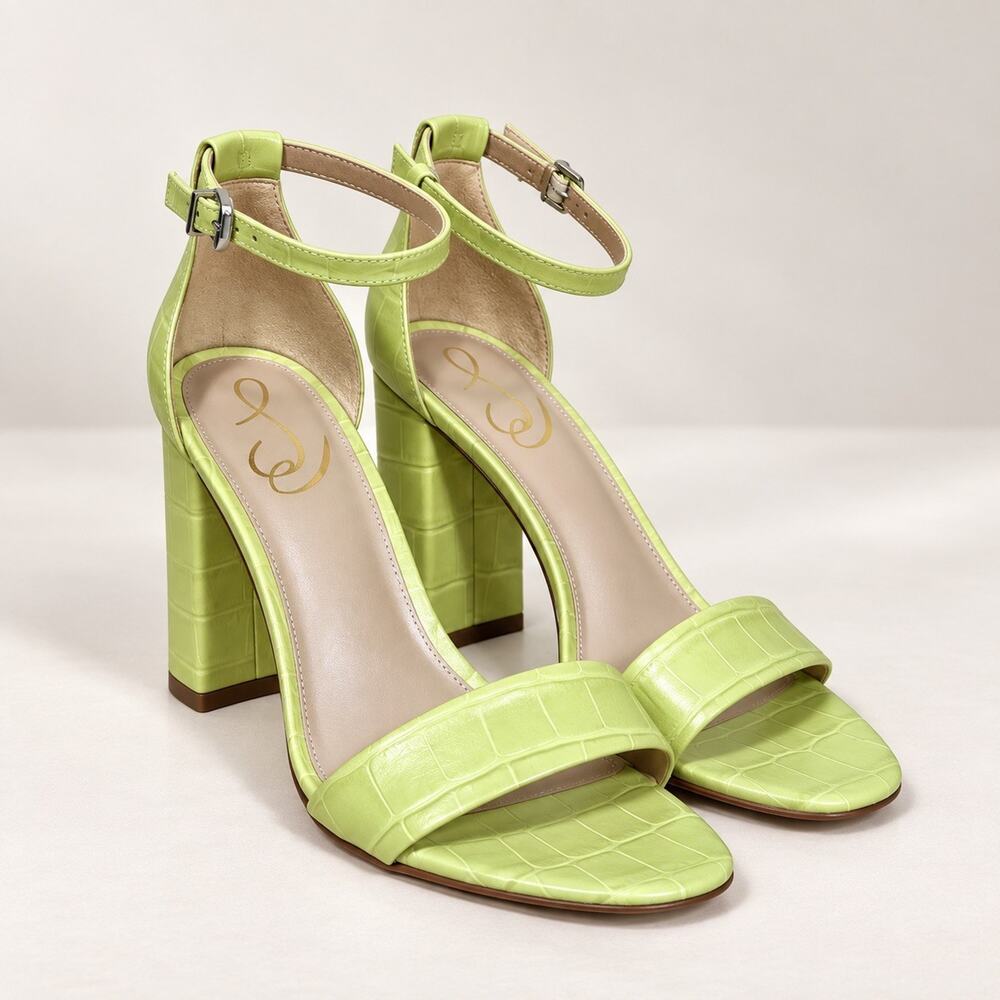 Sam Edelman Yaro Womens 8.5M Kiwi Green Croc Embossed Block Heel Sandals